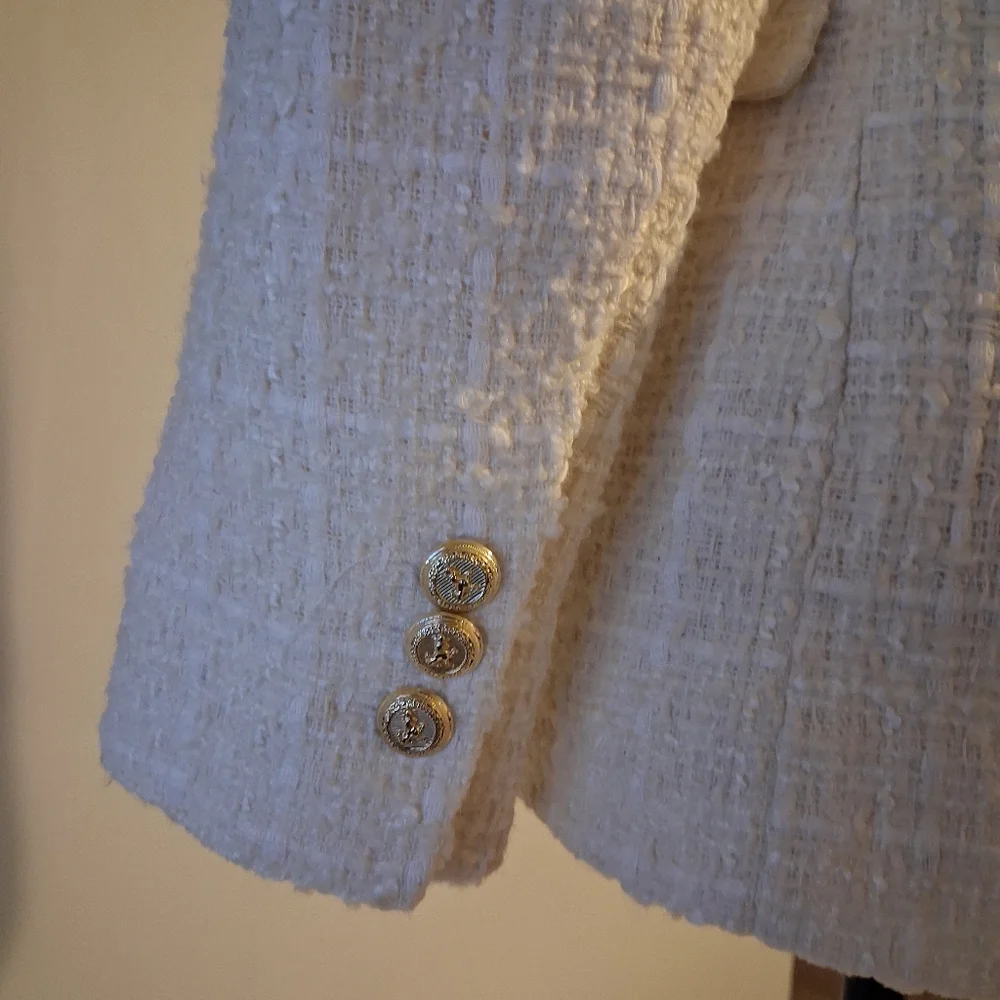 Tweed Cream Double-Breasted Women's Blazer Size XS - Picture 7 of 16